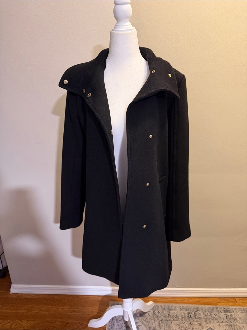 Cole Haan Womens Black Wool-Blend Snap Collar Coat size 2